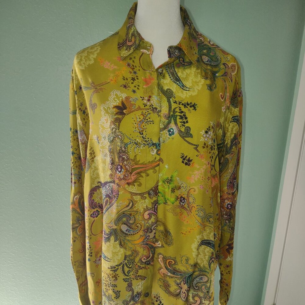 Johnny Was Gold Floral Collared Blouse. Size S
